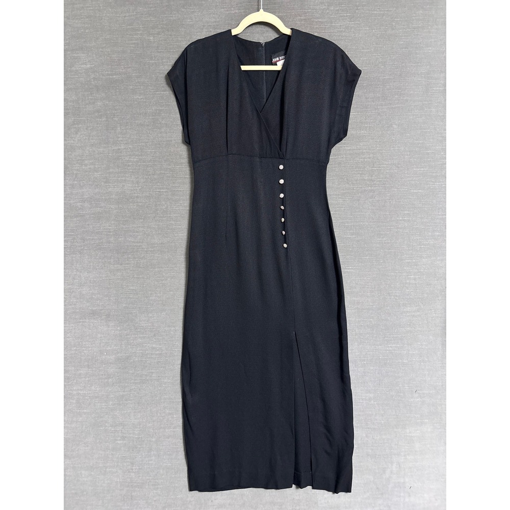 Vintage 90s Dress 6 Black Rayon Rhinestone Button Slit 90s Midi Sheath Feminine